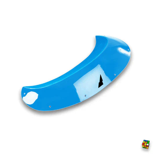  a blue dual textured climbing hold. an asymmetrical crescent with one glossy outer surface and a textured inside surface